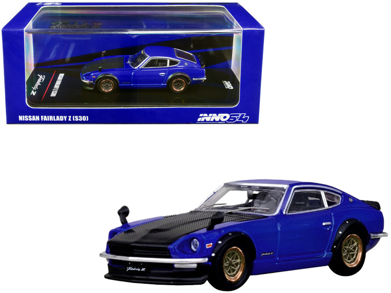Nissan Fairlady Z S30 RHD Right Hand Drive Blue Metallic Carbon Hood 1/64 Diecast Model Car Inno Models IN64-240Z-BLU