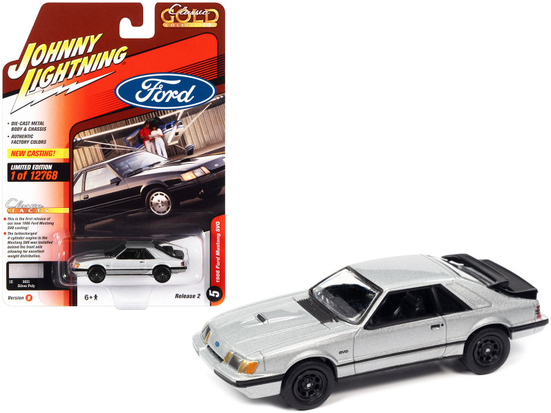 1986 Ford Mustang SVO Silver Metallic Black Stripes Classic Gold Collection Series Limited Edition 12768 pieces Worldwide 1/64 Diecast Model Car Johnny Lightning JLCG029-JLSP247B