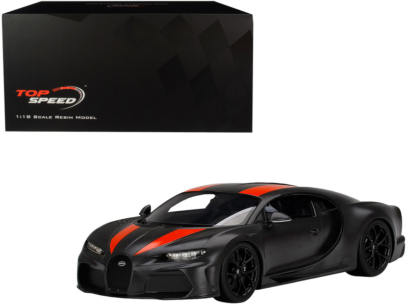 Bugatti Chiron Super Sport 300+ Matt Black Orange Stripes World Record 304.773 mph 1/18 Model Car Top Speed TS0363
