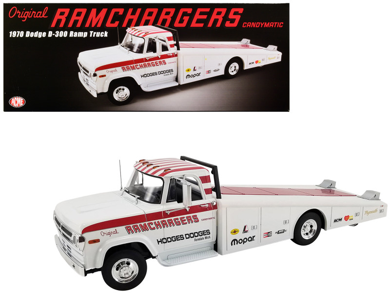 1970 Dodge D-300 Ramp Truck White Red Stripes Original Ramchargers Candymatic Limited Edition 600 pieces Worldwide 1/18 Diecast Model Car ACME A1801909