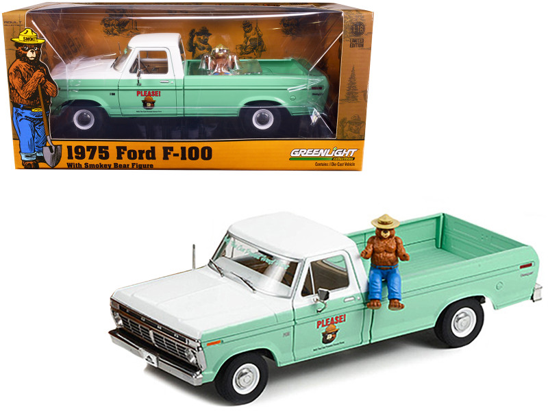 1975 Ford F-100 Pickup Truck Forest Service Green White Smokey Bear Figure Only You Can Prevent Forest Fires 1/18 Diecast Model Car Greenlight 13636