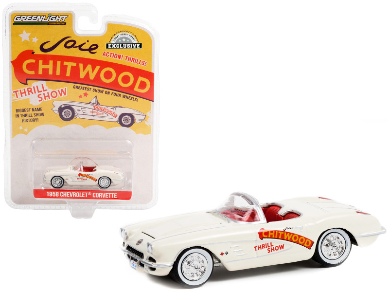 1958 Chevrolet Corvette Convertible White Red Interior Joie Chitwood Thrill Show Hobby Exclusive 1/64 Diecast Model Car Greenlight 30330