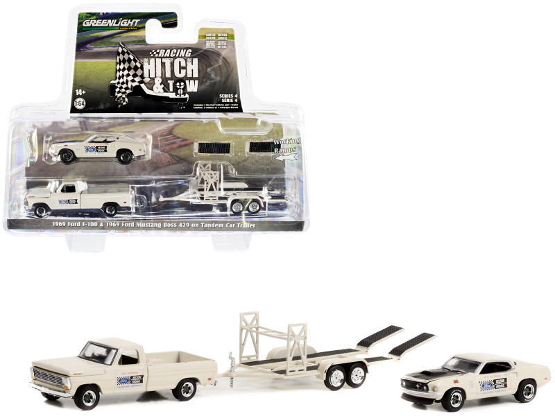 1969 Ford F-100 Pickup Truck White 1969 Ford Mustang Boss 429 White Black Hood Tandem Car Trailer Nelson Ekdahl Ford Racing Hitch & Tow Series 4 1/64 Diecast Model Cars Greenlight 31140B
