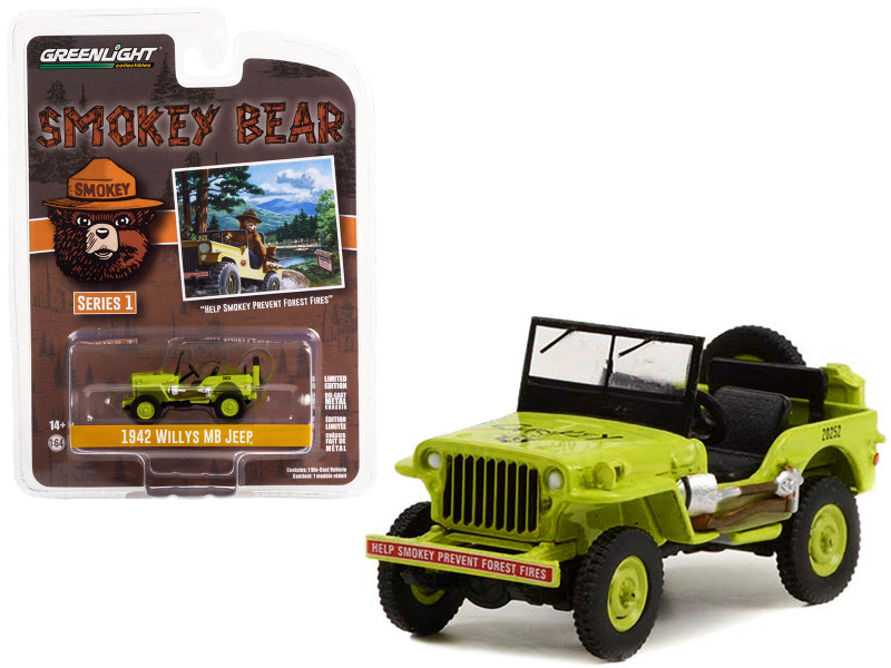 1942 Willys MB Jeep Bright Green Help Smokey Prevent Forest Fires Smokey Bear Series 1 1/64 Diecast Model Car Greenlight 38020A