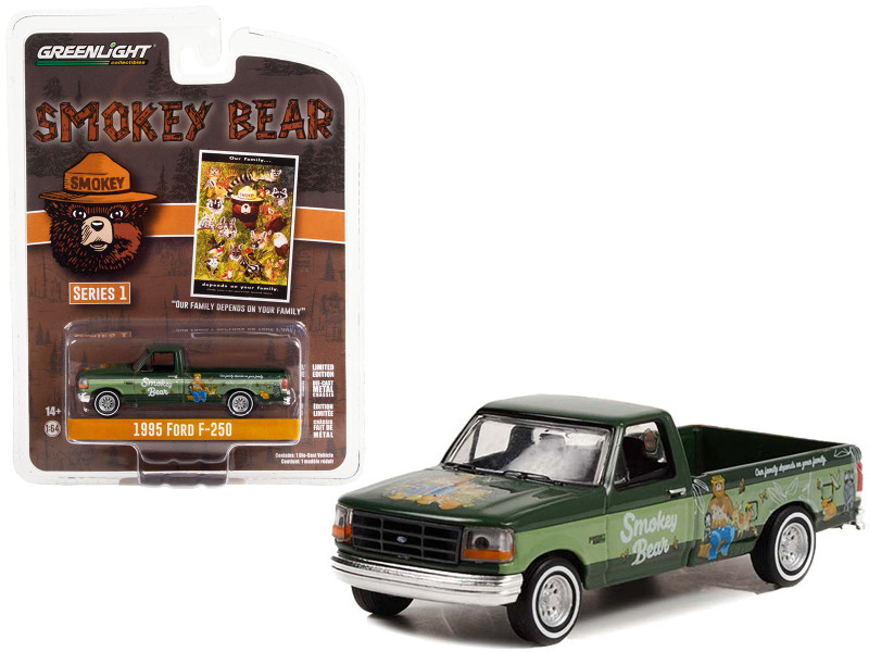 1995 Ford F-250 Pickup Truck Green Light Green Stripes Our Family Depends On Your Family Smokey Bear Series 1 1/64 Diecast Model Car Greenlight 38020F
