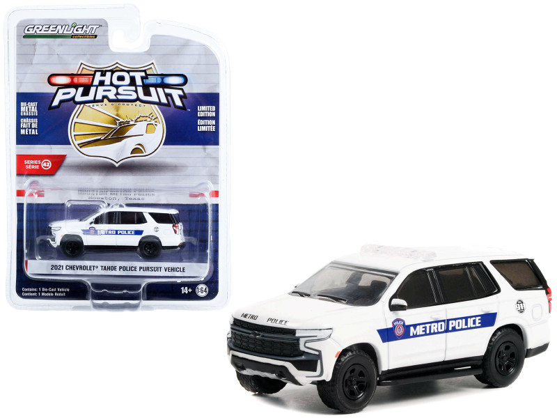 2021 Chevrolet Tahoe Police Pursuit Vehicle PPV White Houston Texas Metro Police Hot Pursuit Series 42 1/64 Diecast Model Car Greenlight 43000F