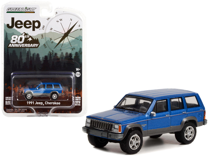 1991 Jeep Cherokee Blue Metallic Red Stripes Jeep 80th Anniversary Edition Anniversary Collection Series 14 1/64 Diecast Model Car Greenlight 28100D