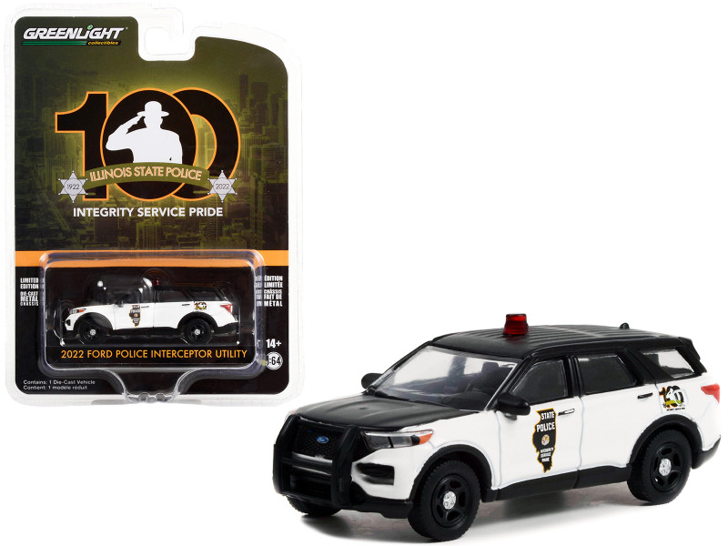 2022 Ford Police Interceptor Utility Black White Illinois State Police 100th Anniversary Anniversary Collection Series 14 1/64 Diecast Model Car Greenlight 28100F
