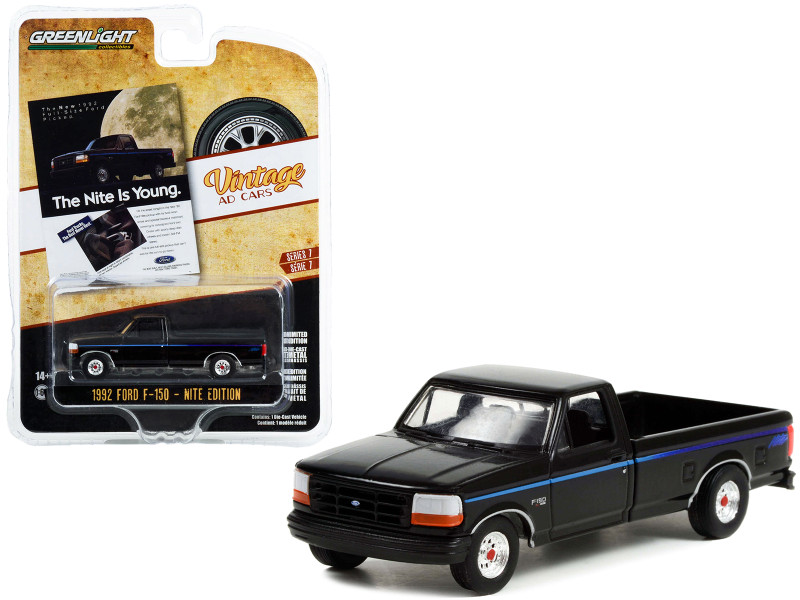 1992 Ford F-150 Nite Edition Pickup Truck Black Blue Stripes The Nite Is Young Vintage Ad Cars Series 7 1/64 Diecast Model Car Greenlight 39100F