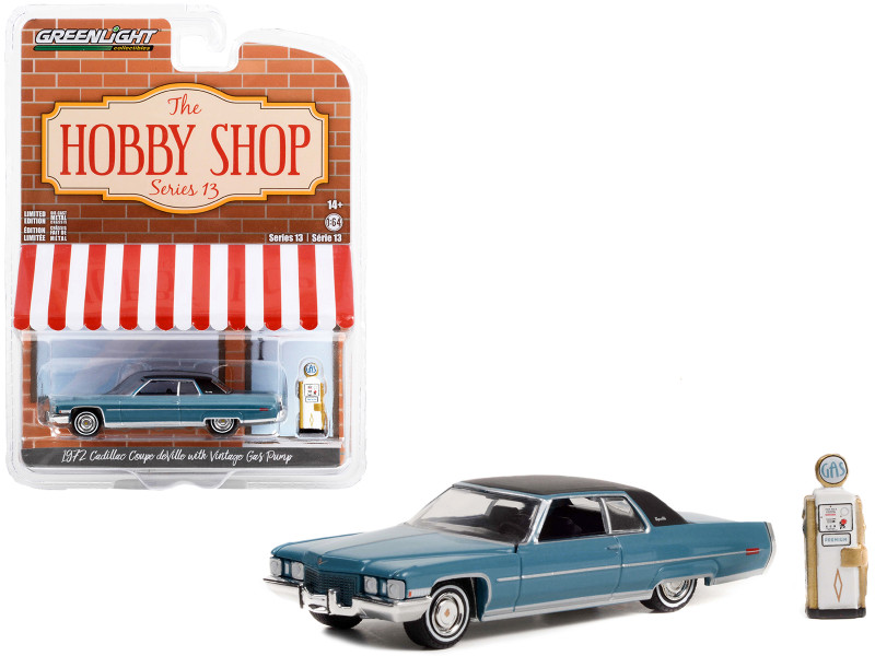 1972 Cadillac Coupe DeVille Blue Black Top Vintage Gas Pump The Hobby Shop Series 13 1/64 Diecast Model Car Greenlight 97130A