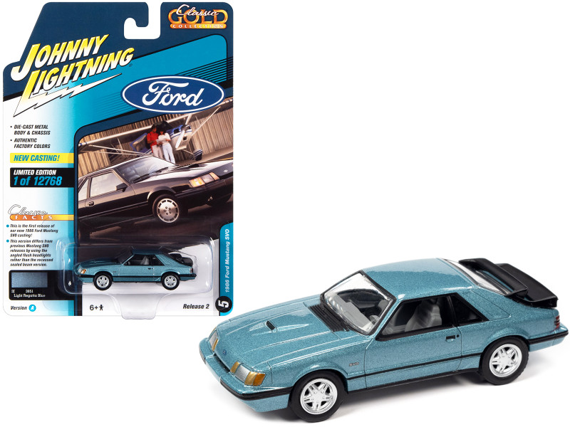 1986 Ford Mustang SVO Light Regatta Blue Metallic Black Stripes Classic Gold Collection Series Limited Edition 12768 pieces Worldwide 1/64 Diecast Model Car Johnny Lightning JLCG029-JLSP247A