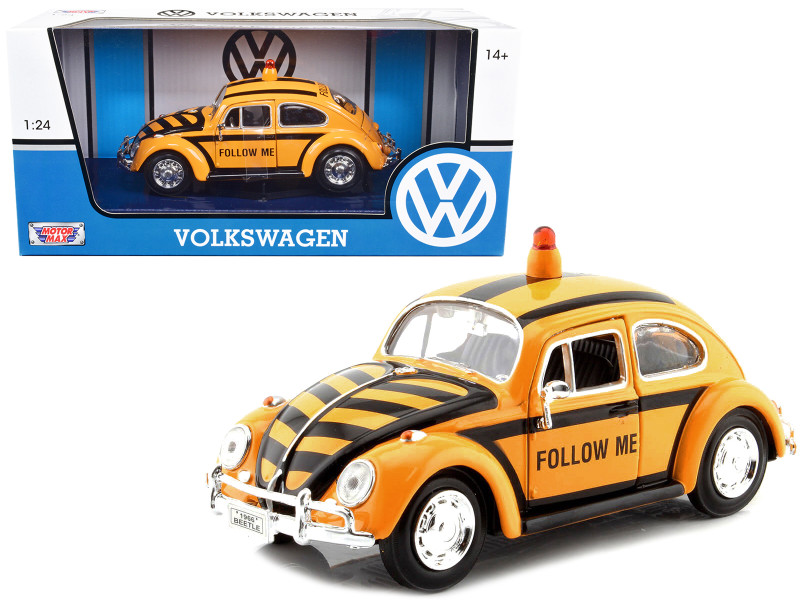 1966 Volkswagen Beetle Follow Me Airport Safety Vehicle Yellow Black Stripes 1/24 Diecast Model Car Motormax 79590