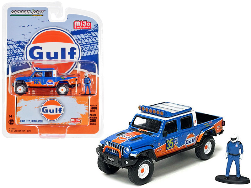 2021 Jeep Gladiator Pickup Truck #35 Gulf Oil Driver Figure Limited Edition 3300 pieces Worldwide 1/64 Diecast Model Car Greenlight 51453