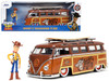 Volkswagen T1 Bus Brown Graphics Sheriff Woody Diecast Figure Surfboard Toy Story 1995 Movie Hollywood Rides Series 1/24 Diecast Model Car Jada 33176