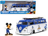Volkswagen T1 Bus Blue White Graphics Nostalgic Islands Ride the Wave Mickey Mouse Diecast Figure Surfboard Disney's Mickey Friends Hollywood Rides Series 1/24 Diecast Model Car Jada 33179
