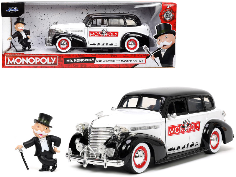 1939 Chevrolet Master Deluxe Black White Monopoly Mr. Monopoly Diecast Figure Hollywood Rides Series 1/24 Diecast Model Car Jada 33230