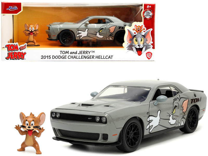 2015 Dodge Challenger Hellcat Gray Tom Graphics Jerry Diecast Figure Tom and Jerry Hollywood Rides Series 1/24 Diecast Model Car Jada 33722