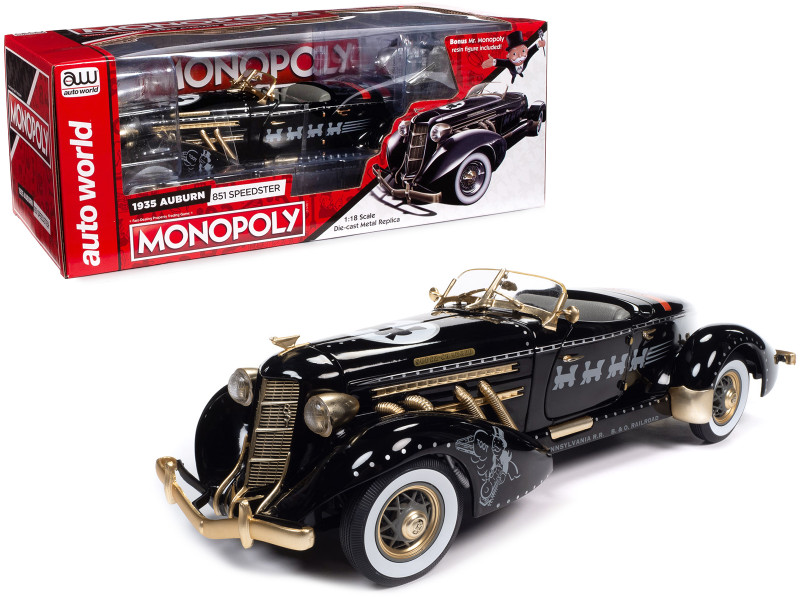 1935 Auburn 851 Speedster Black Monopoly Graphics Mr. Monopoly Resin Figure 1/18 Diecast Model Car Auto World AWSS140
