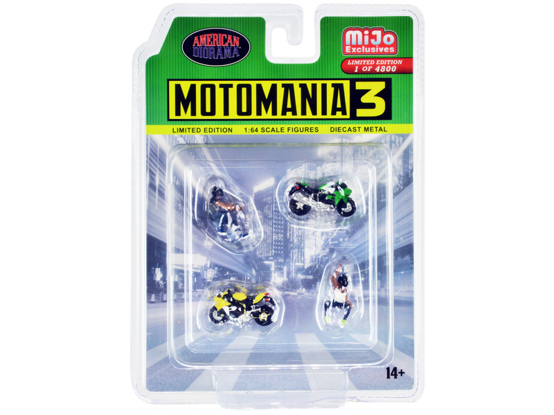 Motomania 3 4 piece Diecast Set 2 Figures 2 Motorcycles Limited Edition 4800 pieces Worldwide 1/64 Scale Models American Diorama AD-76499MJ