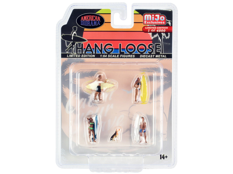 Hang Loose 5 piece Diecast Set 4 Surfer Figures 1 Dog Limited Edition 4800 pieces Worldwide 1/64 Scale Models American Diorama AD-76500MJ