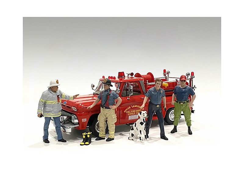 Firefighters 6 piece Figure Set 4 Males 1 Dog 1 Accessory 1/24 Scale Models American Diorama 76418-76419-76420-76421