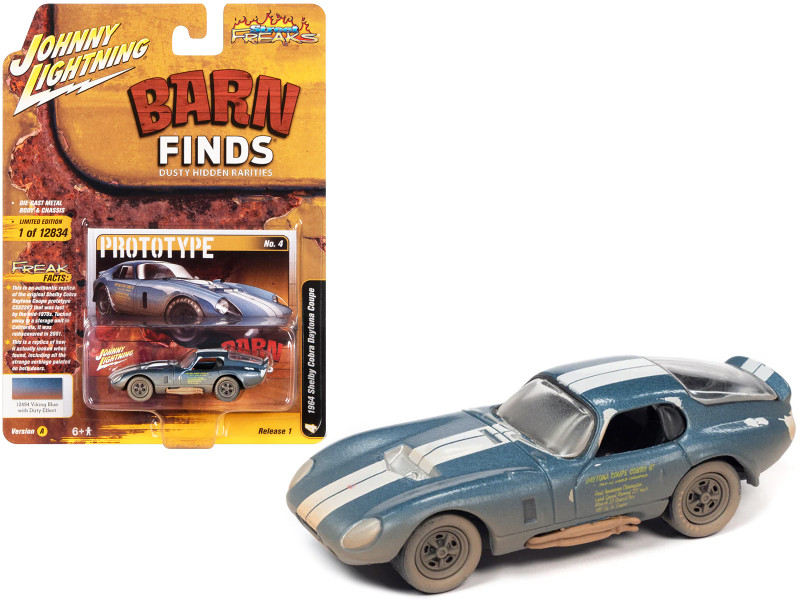 1964 Shelby Cobra Daytona Coupe Viking Blue Metallic White Stripes Weathered Barn Finds Limited Edition 12834 pieces Worldwide Street Freaks Series 1/64 Diecast Model Car Johnny Lightning JLSF023-JLSP231A