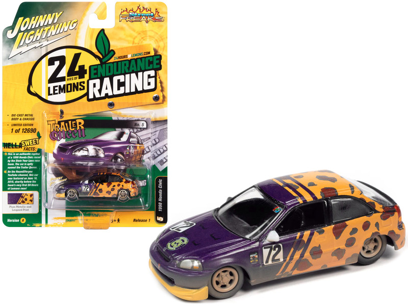 1998 Honda Civic #72 Purple Metallic Leopard Print Raced Version 24 Hours of Lemons 2019 Limited Edition 12690 pieces Worldwide Street Freaks Series 1/64 Diecast Model Car Johnny Lightning JLSF023-JLSP232A