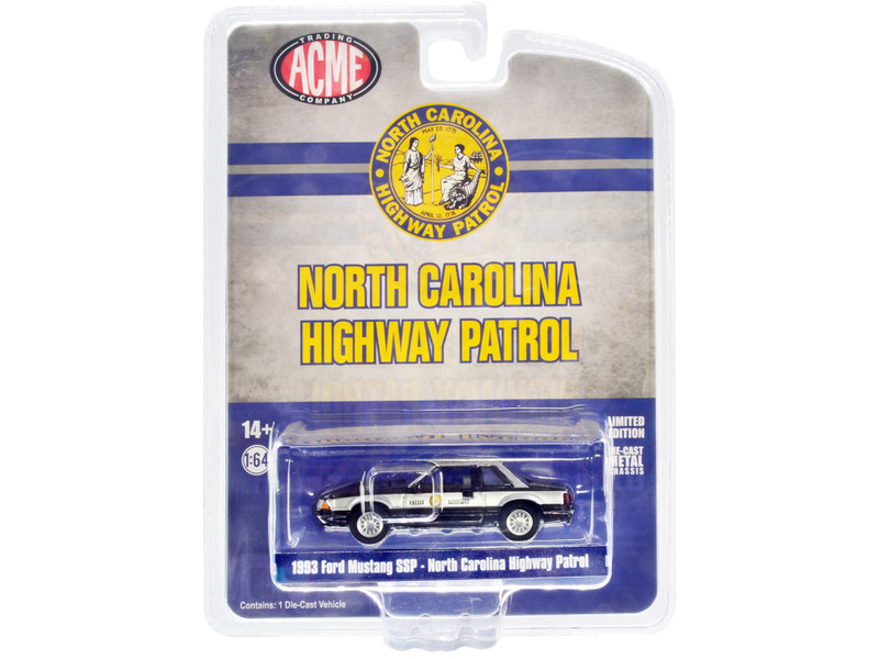1993 Ford Mustang SSP Police Black Silver North Carolina Highway Patrol State Trooper 1/64 Diecast Model Car Greenlight ACME 51495