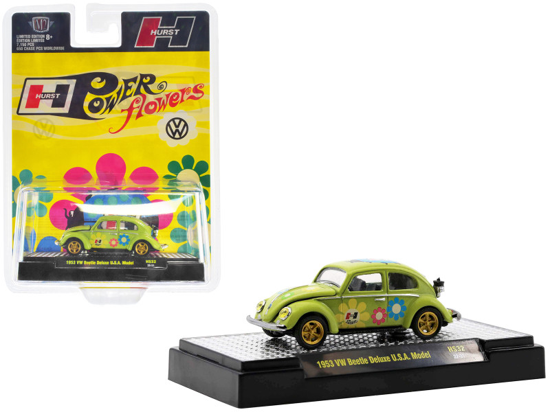 1953 Volkswagen Beetle Deluxe U.S.A. Model Lime Green Metallic Graphics Hurst Power Flowers Limited Edition 7150 pieces Worldwide 1/64 Diecast Model Car M2 Machines 31500-HS32
