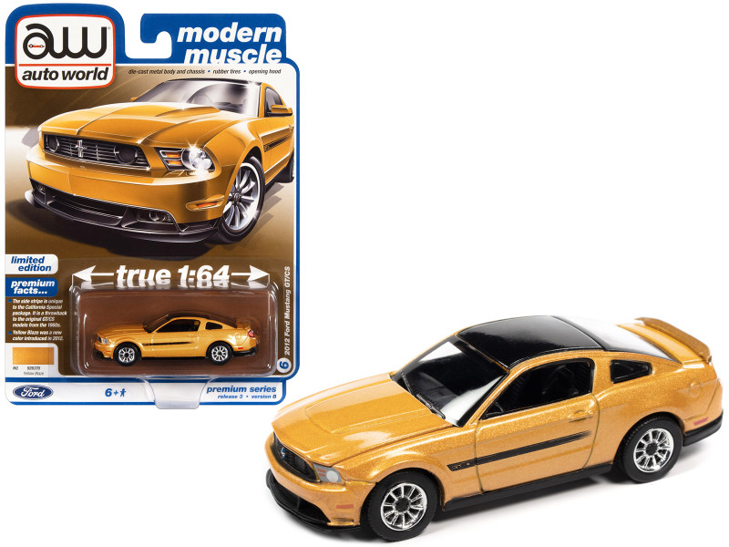 2012 Ford Mustang GT/CS Yellow Blaze Metallic Black Top Stripes Modern Muscle Limited Edition 1/64 Diecast Model Car Auto World 64372-AWSP112B