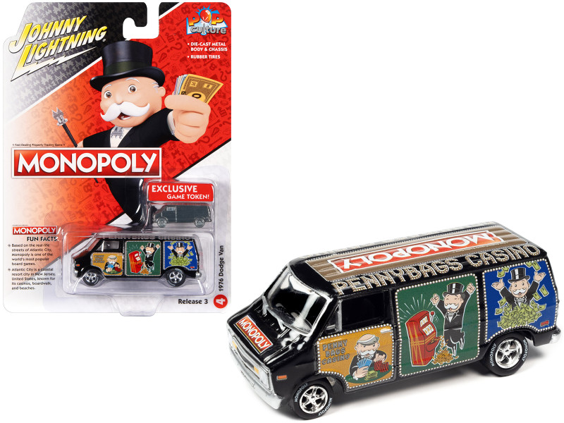 1976 Dodge Van Black Pennybags Casino - Monopoly Dodge Van Monopoly Game Token Pop Culture 2022 Release 3 1/64 Diecast Model Car Johnny Lightning JLPC008-JLSP272
