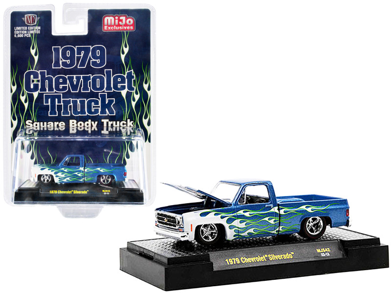 1979 Chevrolet Silverado Pickup Truck Blue White Flames Limited Edition 6600 pieces Worldwide 1/64 Diecast Model Car M2 Machines 31500-MJS42