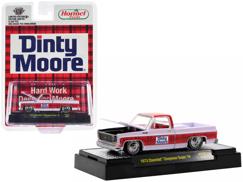 1973 Chevrolet Cheyenne Super 10 Pickup Truck White Red Top Red Plaid Stripe Dinty Moore Limited Edition 9350 pieces Worldwide 1/64 Diecast Model Car M2 Machines 31500-HS33
