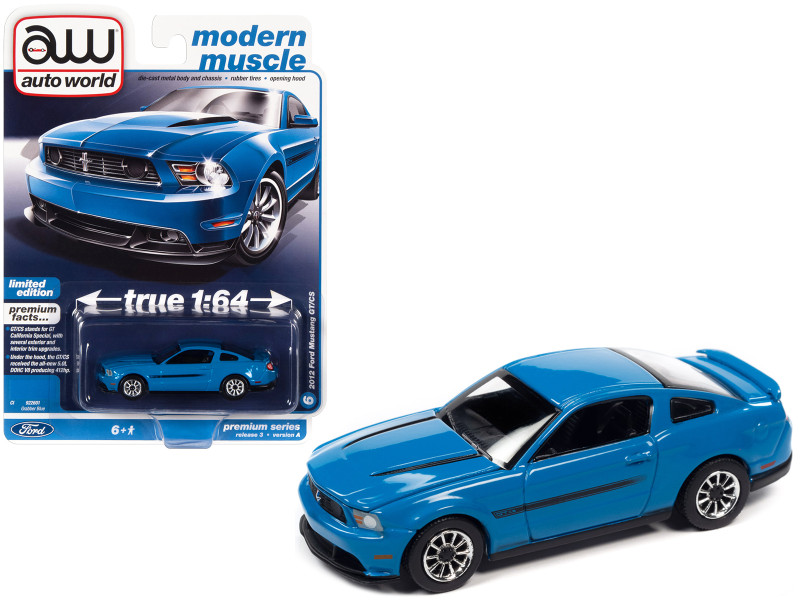 2012 Ford Mustang GT/CS Grabber Blue Black Stripes Modern Muscle Limited Edition 1/64 Diecast Model Car Auto World 64372-AWSP112A