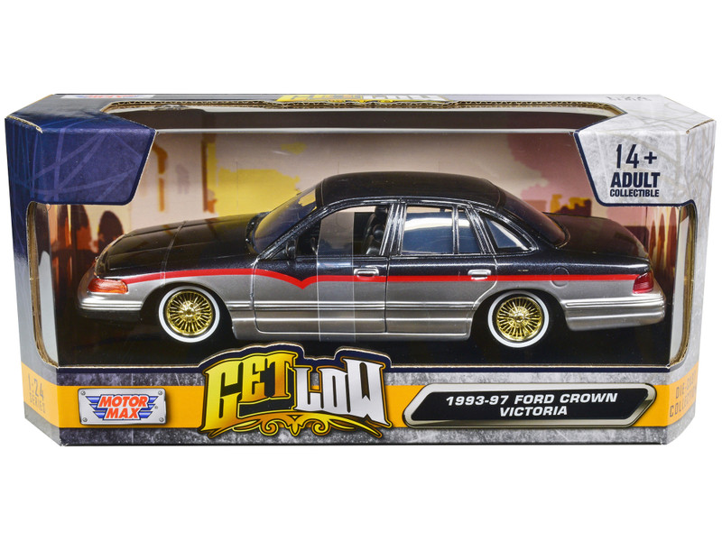 1993-1997 Ford Crown Victoria Lowrider Black Metallic Silver Red Stripes Get Low Series 1/24 Diecast Model Car Motormax 79024