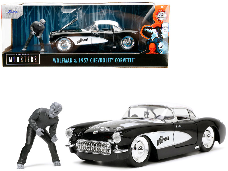 1957 Chevrolet Corvette Black White Top Wolfman Diecast Figure Universal Monsters Hollywood Rides Series 1/24 Diecast Model Car Jada 32195