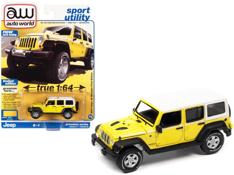 2017 Jeep JK Wrangler Chief Edition Acid Yellow White Top Sport Utility Series Limited Edition 1/64 Diecast Model Car Auto World 64372-AWSP108A