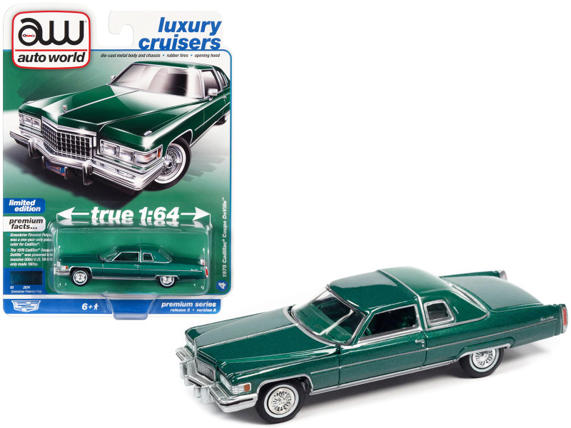 1975 Cadillac Coupe DeVille Greenbrier Firemist Green Metallic Green Vinyl Top Luxury Cruisers Series Limited Edition 1/64 Diecast Model Car Auto World 64372-AWSP109A