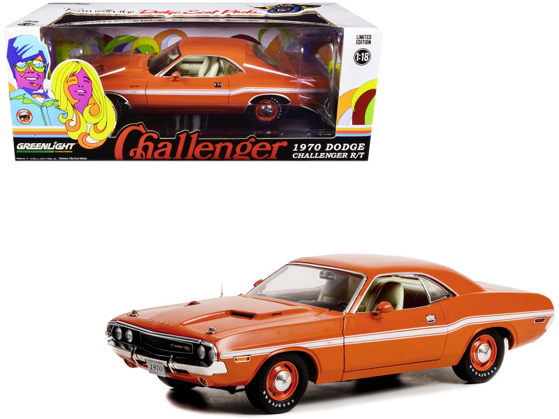 1970 Dodge Challenger R/T Go Mango Orange White Stripes 1/18 Diecast Model Car Greenlight 13630