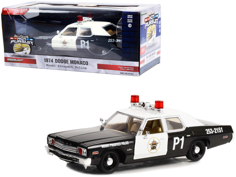 1974 Dodge Monaco Police Black White Mount Prospect Police Department: Mount Prospect Illinois Hot Pursuit Series 1/24 Diecast Model Car Greenlight 85561