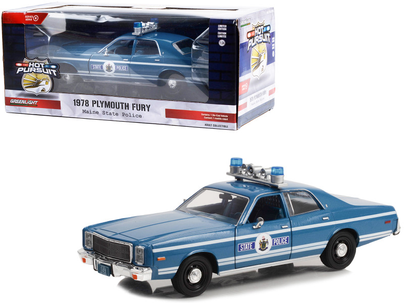 1978 Plymouth Fury Police Blue Metallic White Stripes Maine State Police Hot Pursuit Series 1/24 Diecast Model Car Greenlight 85562