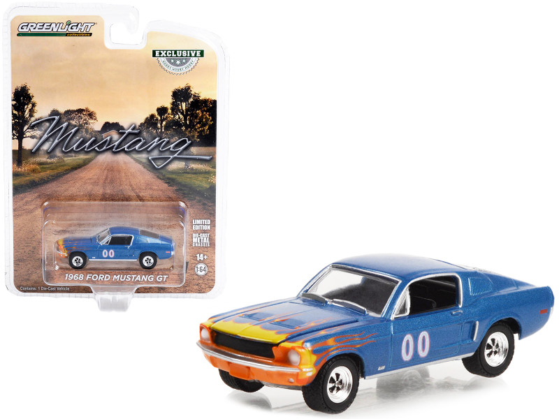 1968 Ford Mustang GT Fastback #00 Blue Metallic Flames Graphics Hobby Exclusive Series 1/64 Diecast Model Car Greenlight 30328