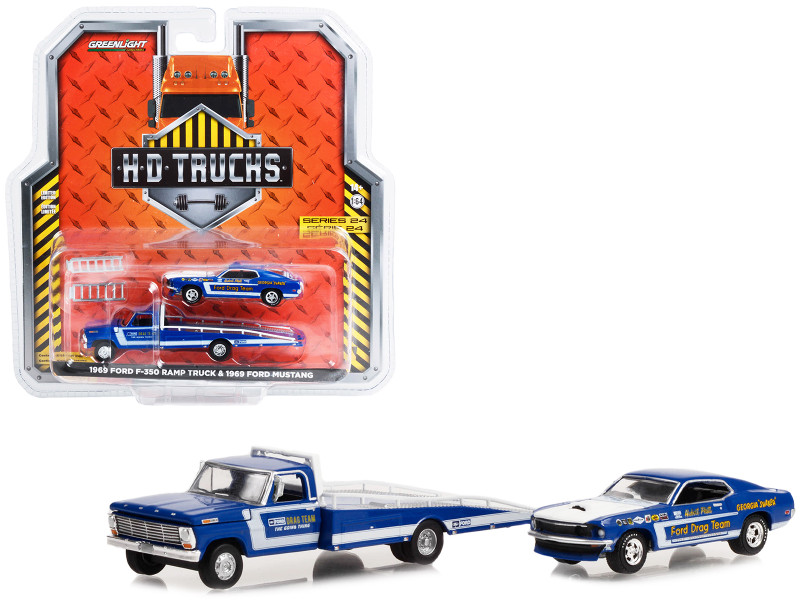 1969 Ford F-350 Ramp Truck Blue The Going Thing 1969 Ford Mustang Blue Hubert Platt's Georgia Shaker Ford Drag Team Heavy Duty H.D. Trucks Series 24 1/64 Diecast Model Car Greenlight 33240A