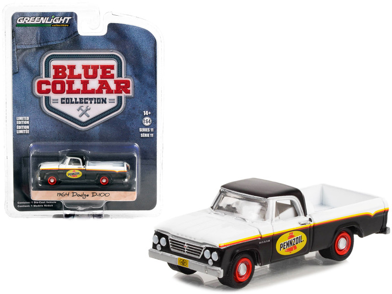 1964 Dodge D-100 Pickup Truck White Black Stripes Pennzoil Blue Collar Collection Series 11 1/64 Diecast Model Car Greenlight 35240A