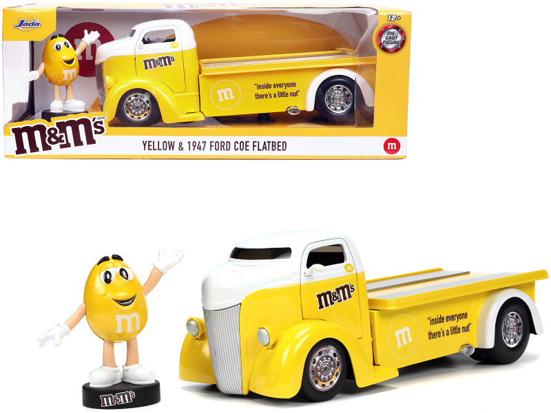 1947 Ford COE Flatbed Truck Yellow Metallic White Top Yellow M&M Diecast Figure M&M's Hollywood Rides Series 1/24 Diecast Model Car Jada 33425