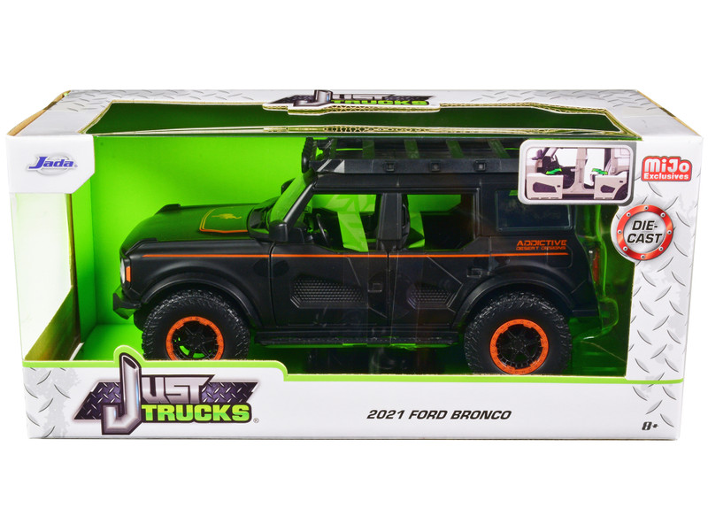 2021 Ford Bronco Matt Black Orange Stripes Roof Rack Addictive Desert Designs Just Trucks Series 1/24 Diecast Model Car Jada 34287