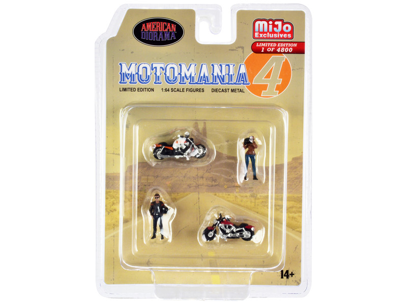 Motomania 4 4 piece Diecast Set 2 Figures 2 Motorcycles Limited Edition 4800 pieces Worldwide 1/64 Scale Models American Diorama AD-76504MJ