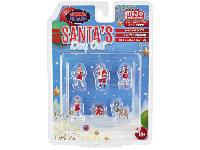 Santa's Day Out 6 piece Diecast Set 1 Man 2 Women 1 Reindeer 1 Present Figures Accessories Limited Edition 4800 pieces Worldwide 1/64 Scale Models American Diorama AD-76508MJ