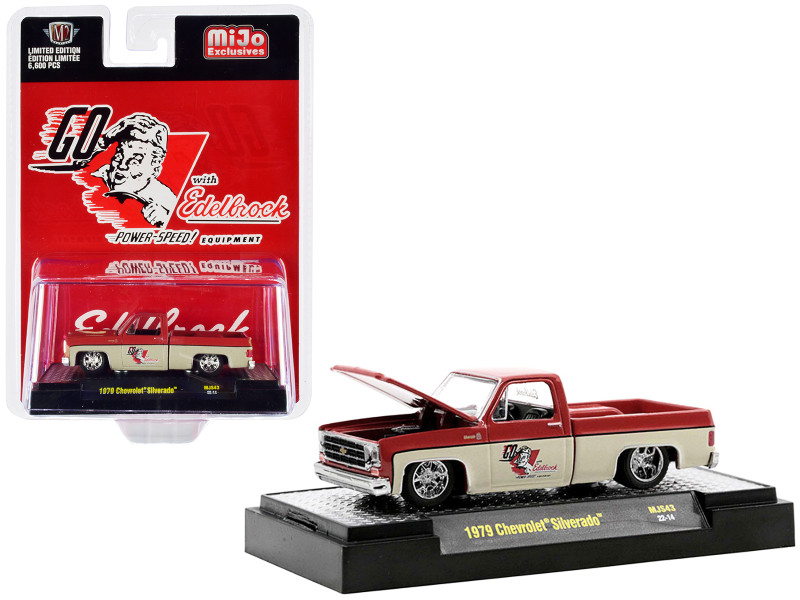 1979 Chevrolet Silverado Pickup Truck Red Tan Go with Edelbrock Limited Edition 6600 pieces Worldwide 1/64 Diecast Model Car M2 Machines 31500-MJS43