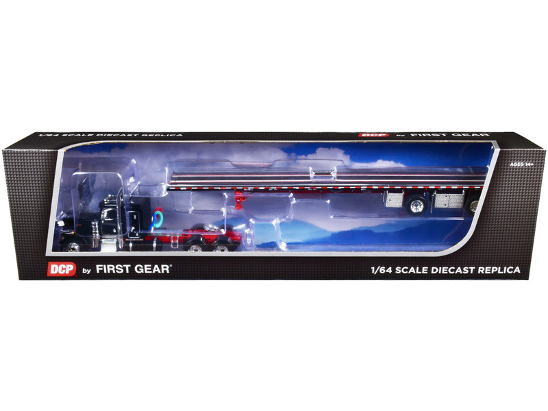 Peterbilt 359 36" Flat Top Sleeper Wilson Roadbrute Spread-Axle Flatbed Trailer Black Red 1/64 Diecast Model DCP/First Gear 60-1538